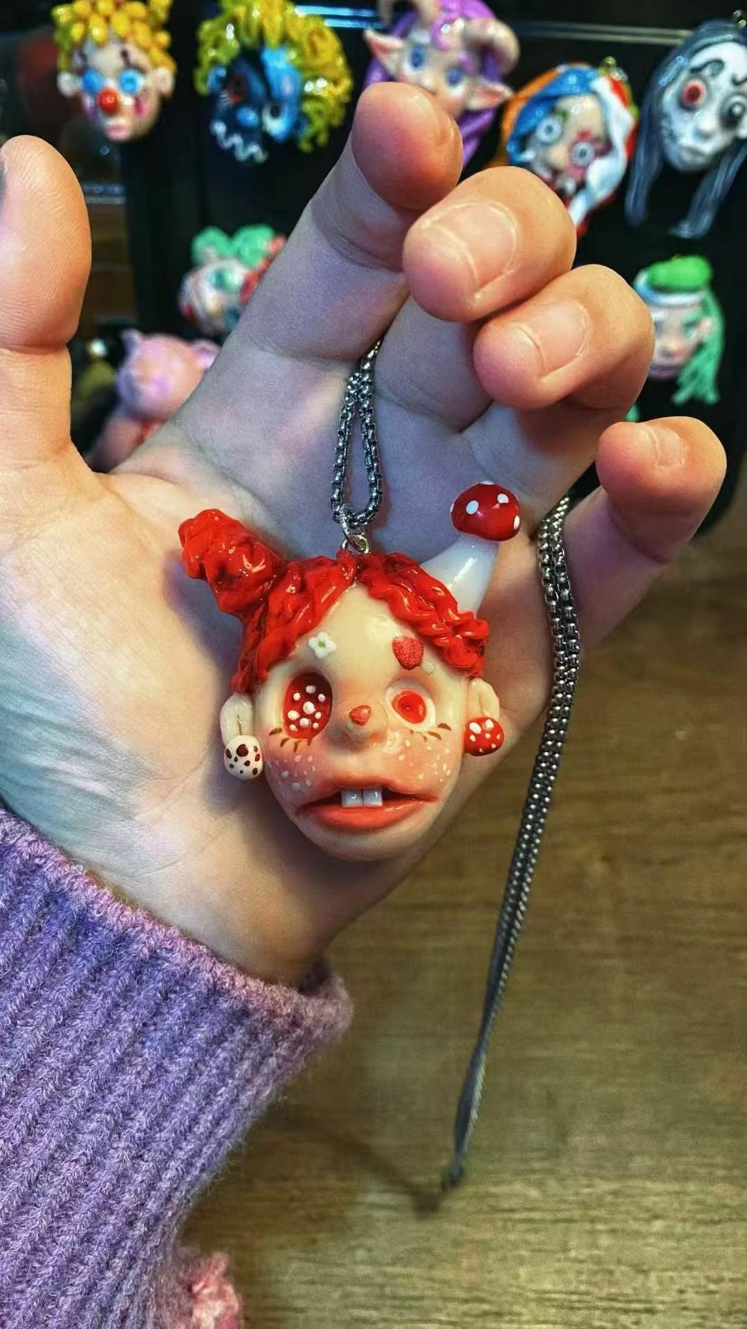Kebarro Handmade Right Red Hair Mushroom fantasy Weird Doll Clay Necklace