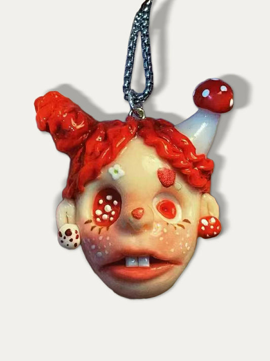 Kebarro Handmade Right Red Hair Mushroom fantasy Weird Doll Clay Necklace