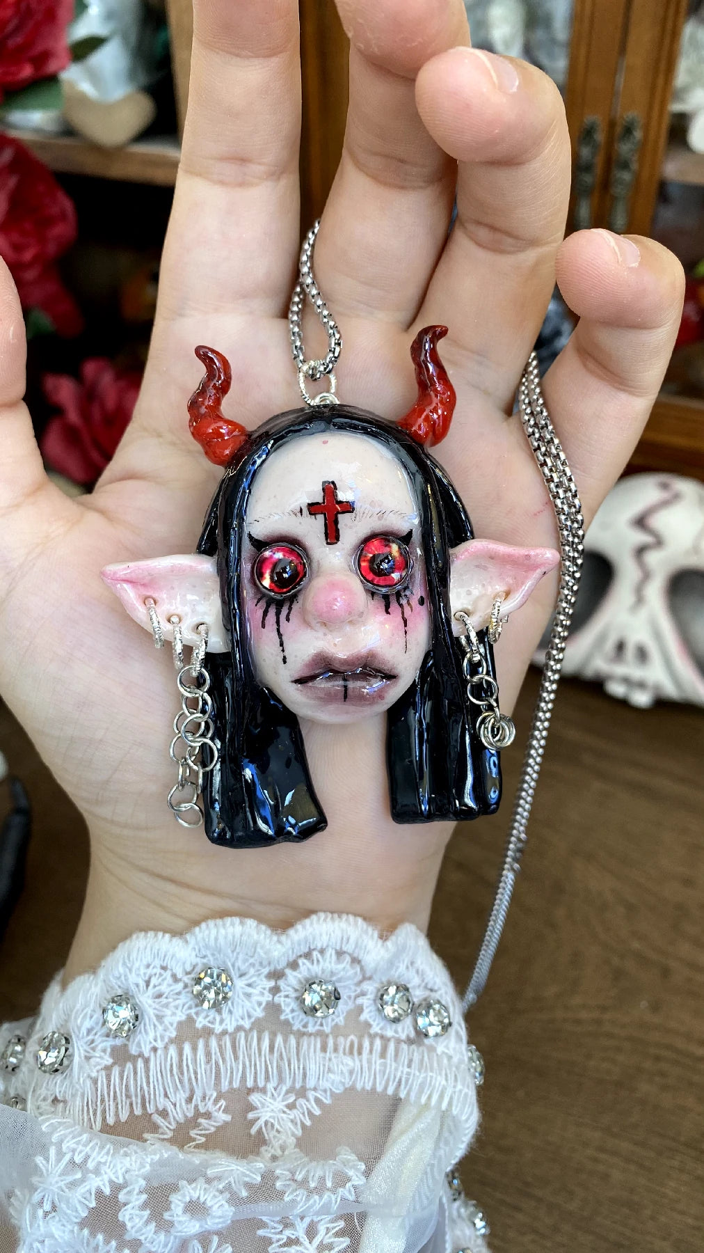 Kebarro Red Horned Elf Ear Cross Doll Clay Necklace