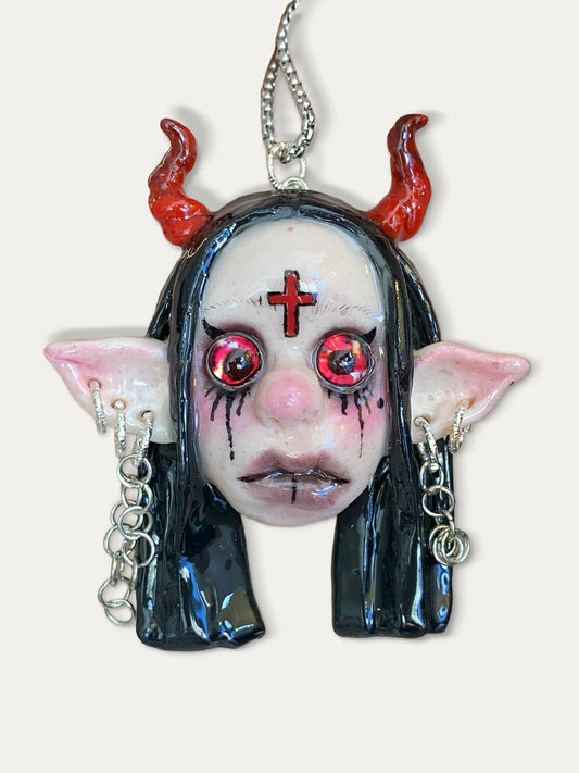 Kebarro Red Horned Elf Ear Cross Doll Clay Necklace
