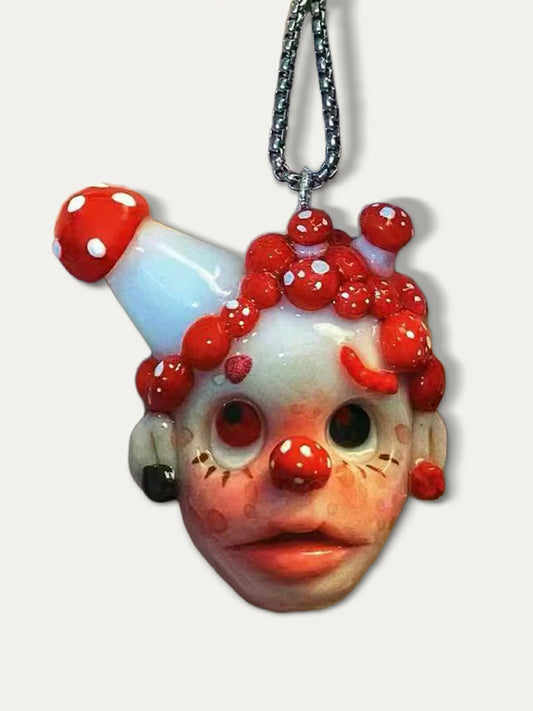 Kebarro Handmade Left Red Mushroom  fantasy Doll Weird Clay Necklace