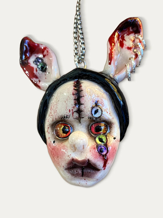 Kebarro Stiched Ears Multicolor Eyes Face Clay Necklace
