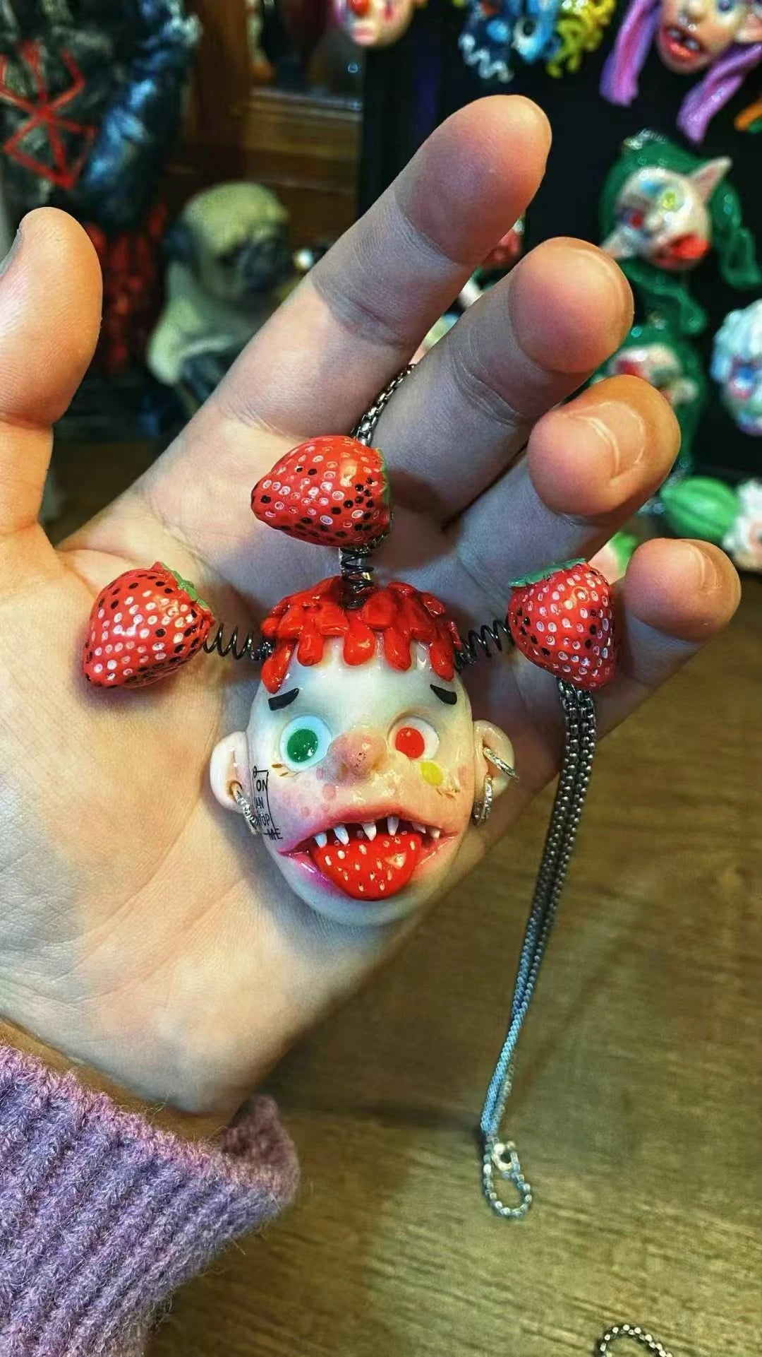 Kebarro Red Hair Cantaloupe spring cap Weird Face Handmade Doll Clay Necklace