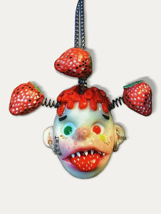Kebarro Red Hair Cantaloupe spring cap Weird Face Handmade Doll Clay Necklace
