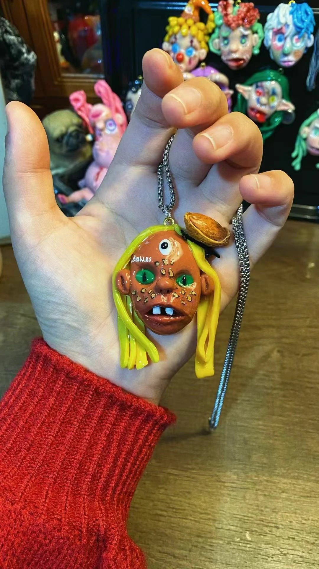Kebarro Three Eyes Girl Handmade Ugly Doll Clay Necklace