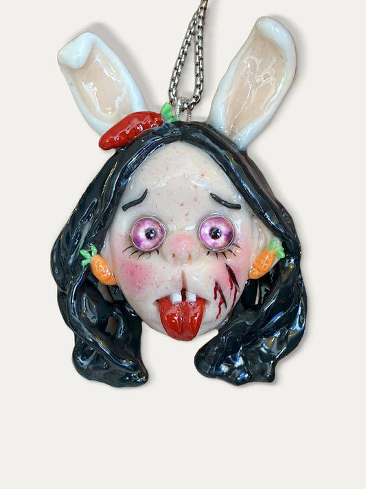Kebarro Weird Bunny Ears Pink Eyes Charm Clay Necklace