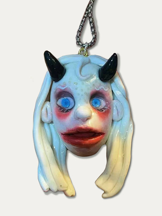 Kebarro Write Hair Cute  Doll Oni Clay Necklace