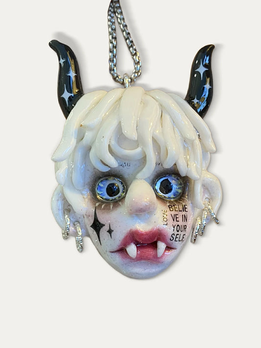 Kebarro White Horned Vampire Face Pendant Clay Necklace