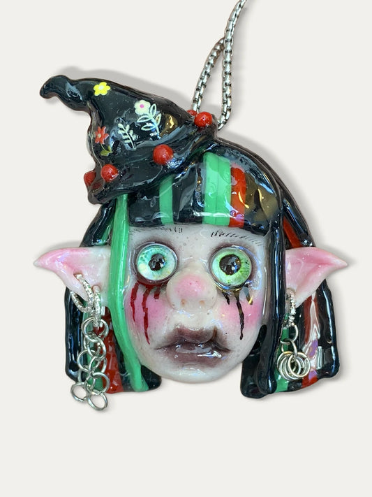 Kebarro Witch Hat Green Red Black Hair Doll Clay Necklace