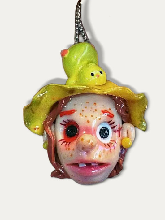 Kebarro Yellow Green Hat Freckled Face Doll Weird Clay Necklace