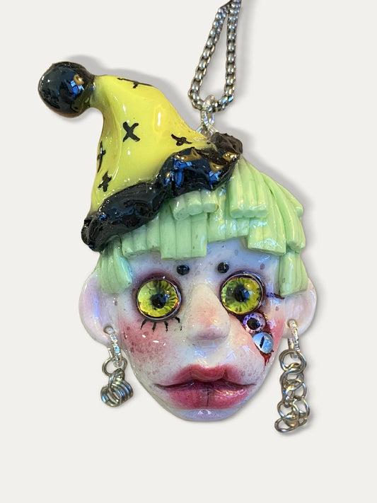 Kebarro Yellow Sleep Hat Green Hair With Four Color Eyes Doll Clay Necklace