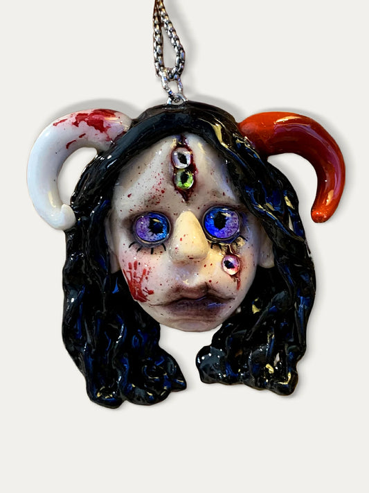 Kebarro Creepy Five-Eyed Demon Doll Clay Necklace