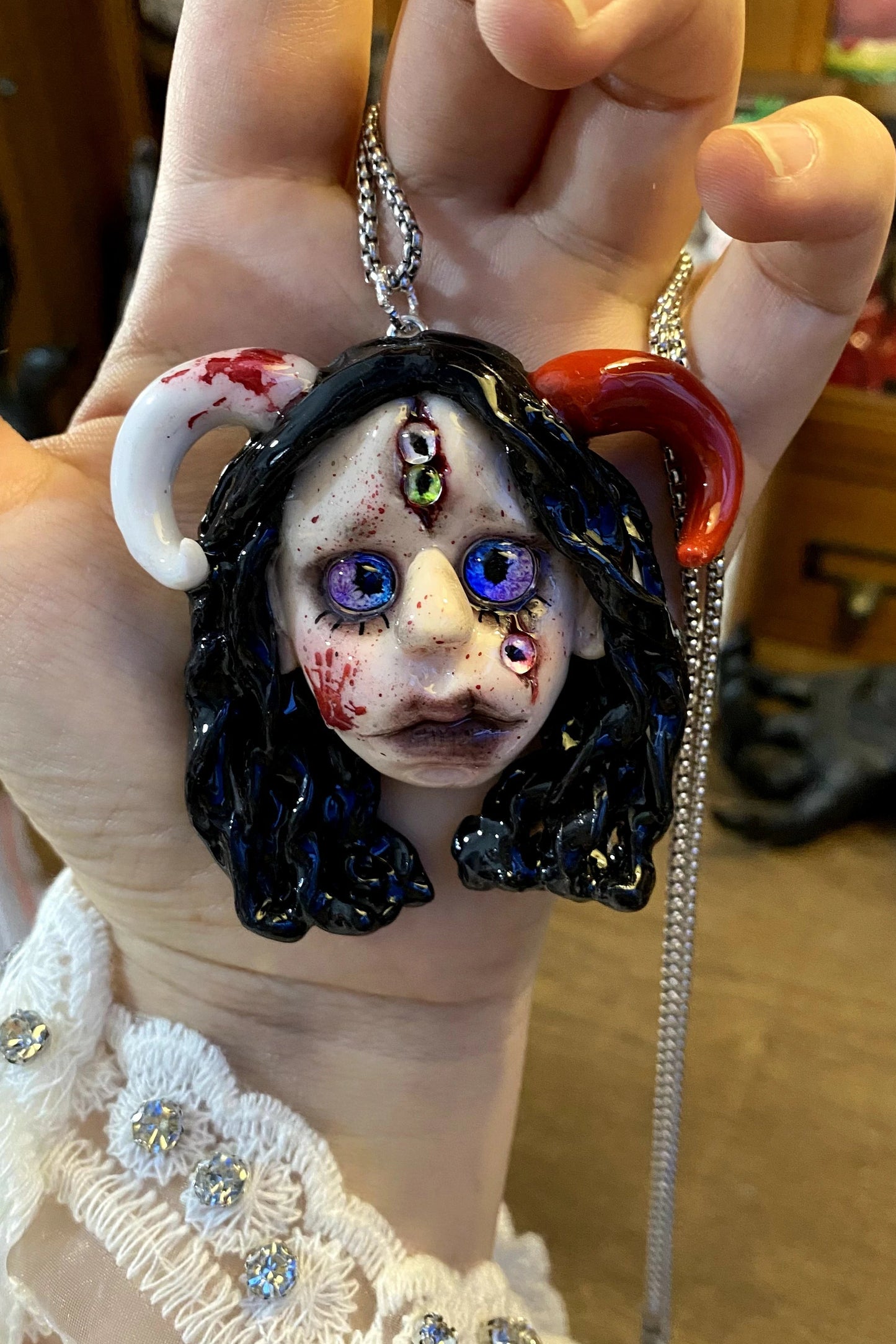 Kebarro Creepy Five-Eyed Demon Doll Clay Necklace