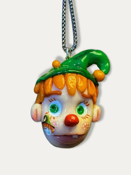 Kebarro Colorful Clown Polymer Clay Necklace with Green Hat