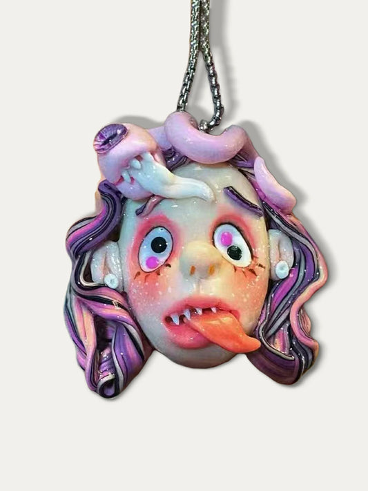 Kebarro Pink And Purple Hair Double Eye Santa Bizarre Doll Long Tongue Clay Necklace