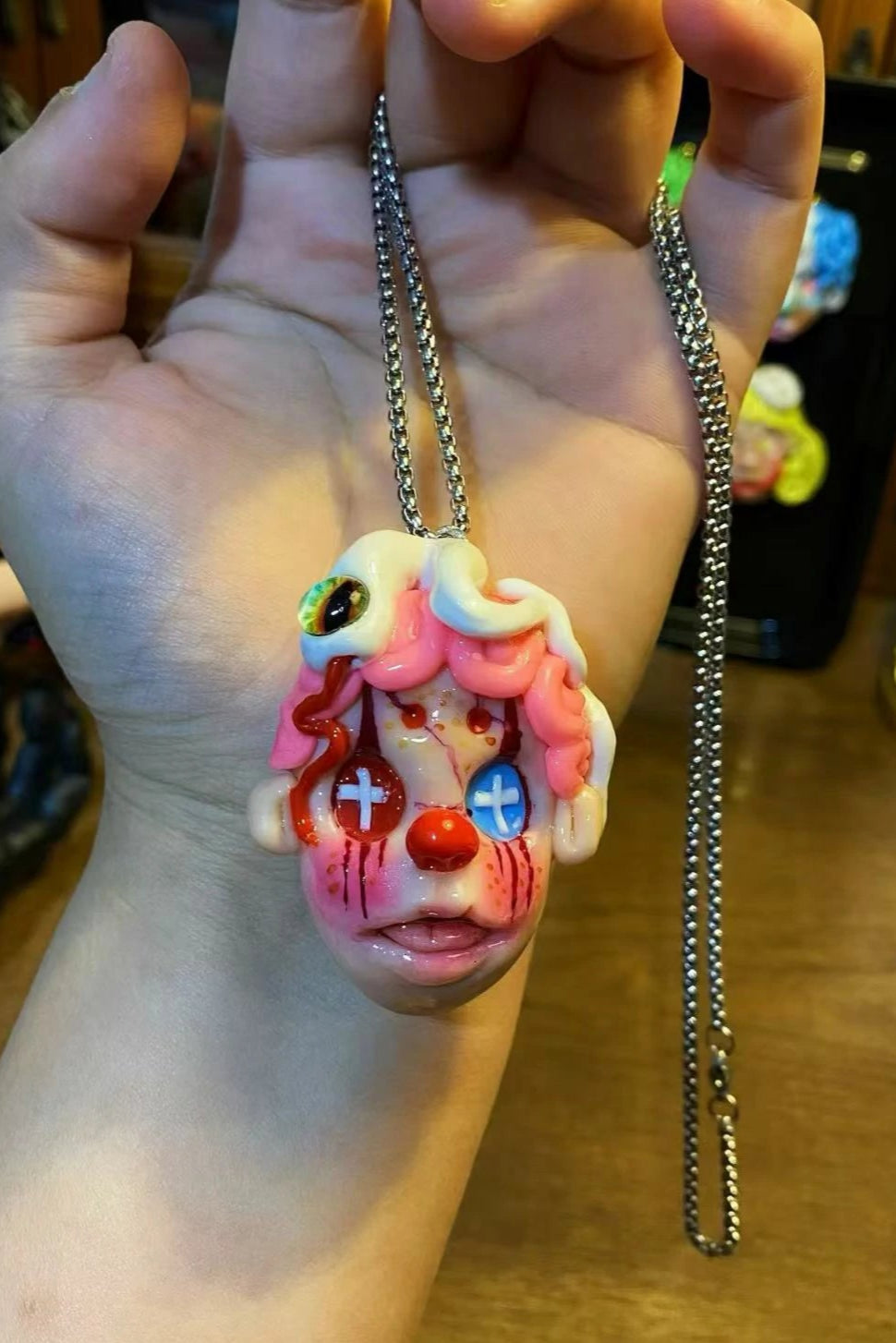 Kebarro Colorful Clown Polymer Clay Necklace with White Snake