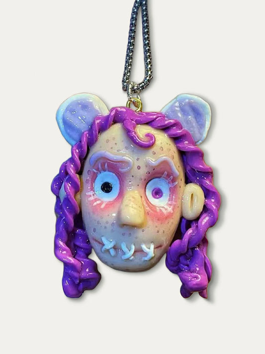 Kebarro Colorful Clown Polymer Clay Necklace with Purple Hair