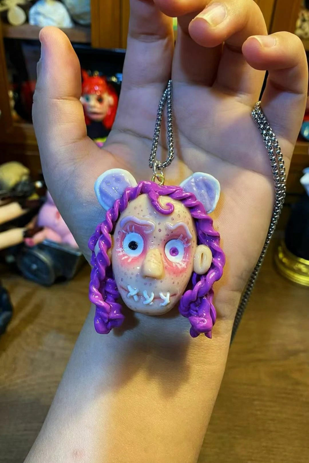 Kebarro Colorful Clown Polymer Clay Necklace with Purple Hair