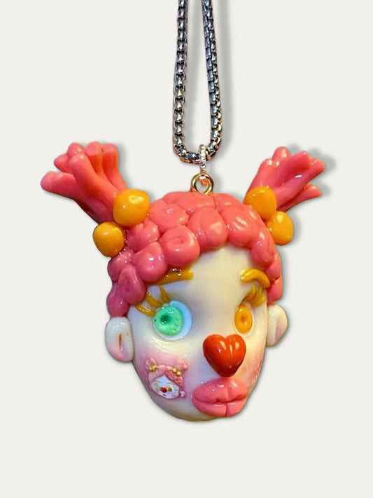 Kebarro Colorful Clown Polymer Clay Necklace with Braided Hair